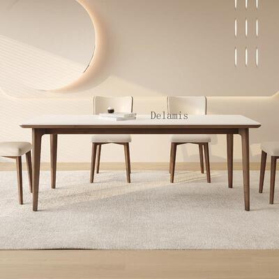黑胡桃木德利丰实木岩板餐桌椅组合意式极简轻奢纯白哑光原木饭桌