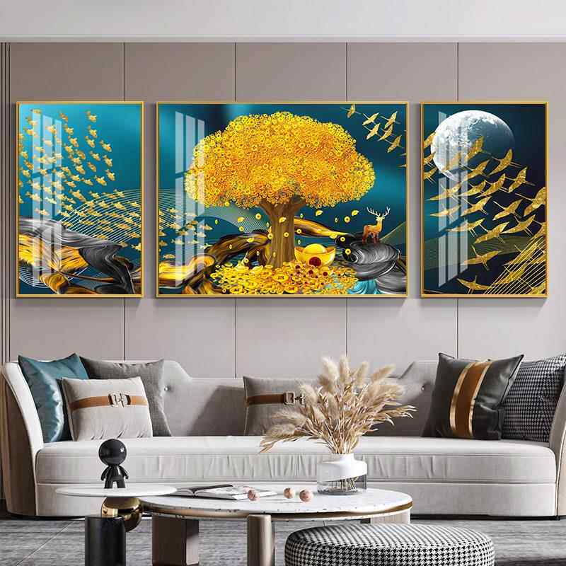 晶瓷客厅装饰画现代简约轻奢北欧发财麋鹿沙发背景墙三联镶钻挂画