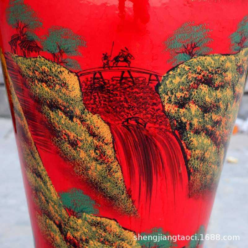 景德镇陶瓷器中国红落地大花瓶高温手绘山水画葫芦瓷瓶装饰摆件