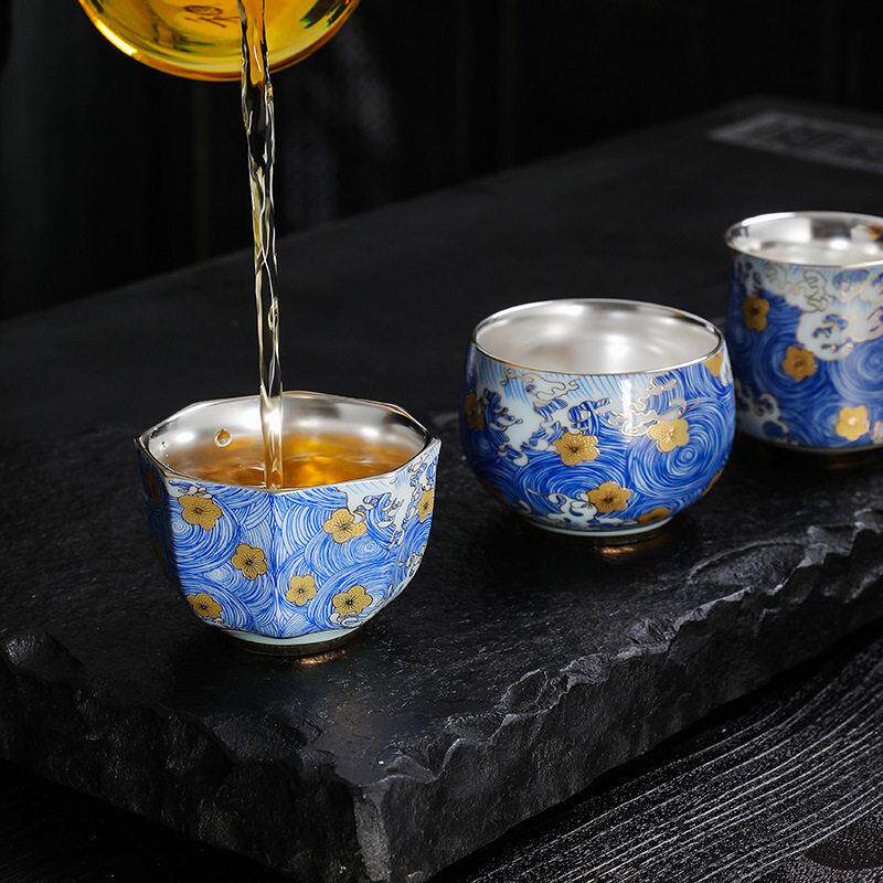 羊脂玉白瓷鎏银主人杯陶瓷珐琅彩星空海浪茶杯品茗杯功夫茶具建盏