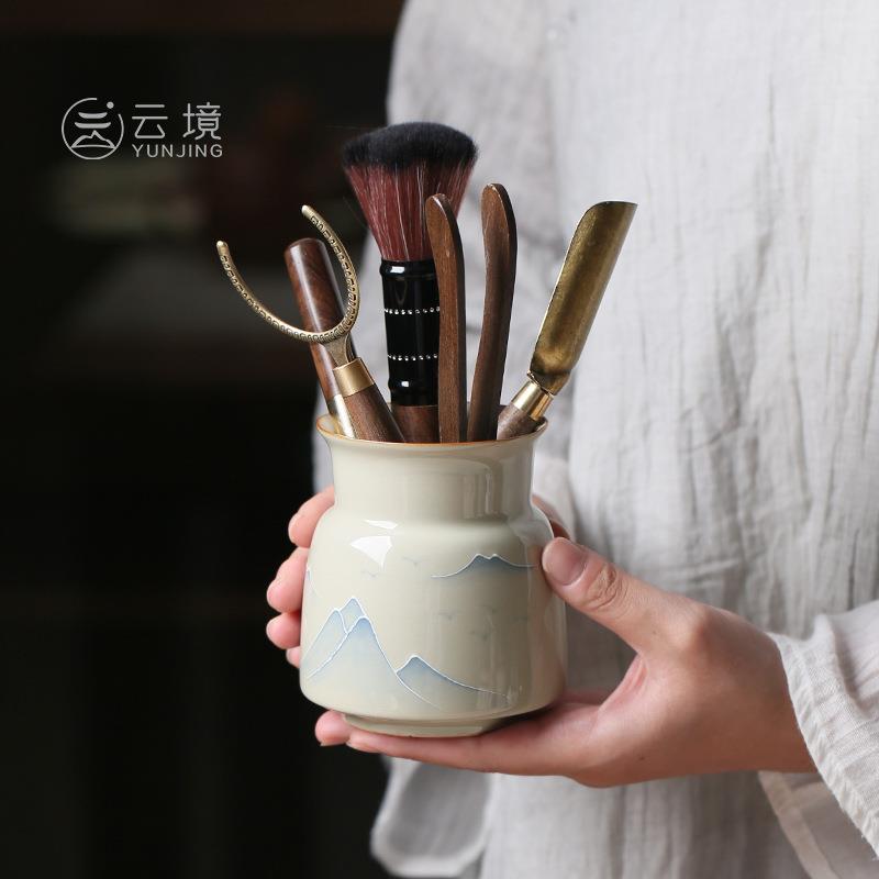 创意手绘远山六君子套装黑檀茶针茶夹子配件家用功夫泡茶茶道配件