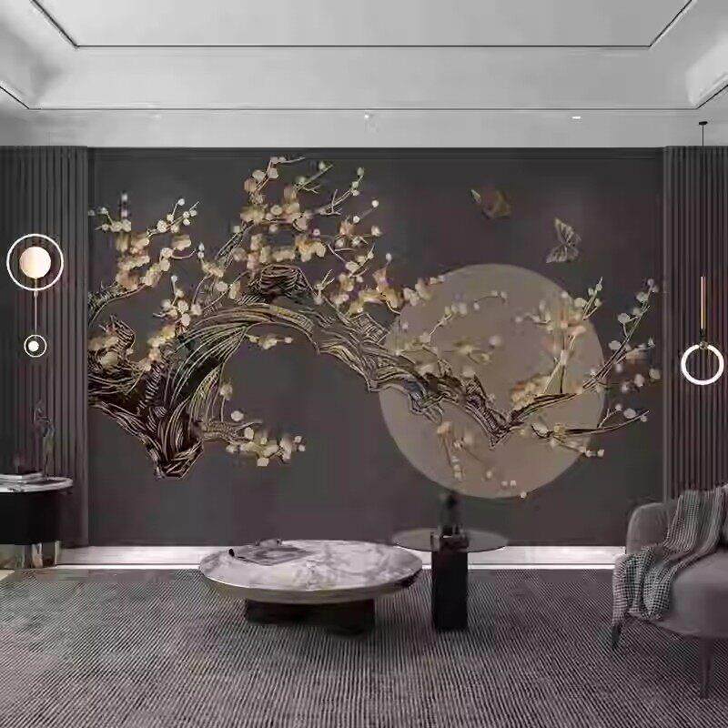 现代新中式花好月圆客厅电视背景墙纸卧室墙布3d立体浮雕梅花壁画