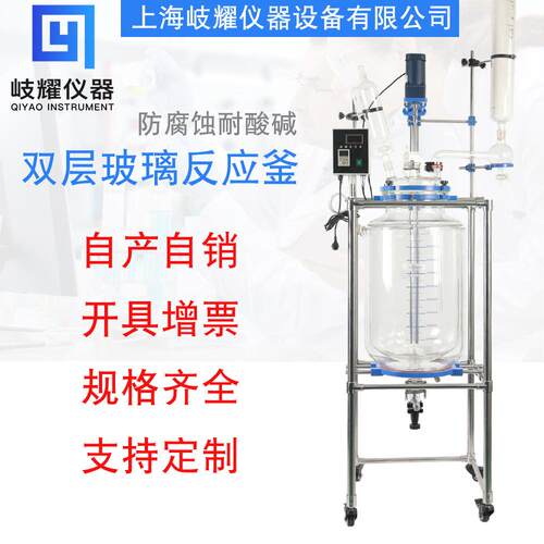 上海岐耀双层玻璃反应釜不锈钢搅拌小型耐腐温实验室蒸馏反应器