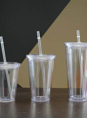 跨境直供双层塑料吸管杯 16oz亮片插卡透明平盖礼品450ML纯色水杯