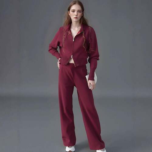 Women's Cropped Zip-Up Knit Jacket Long Sleeve Lounge &