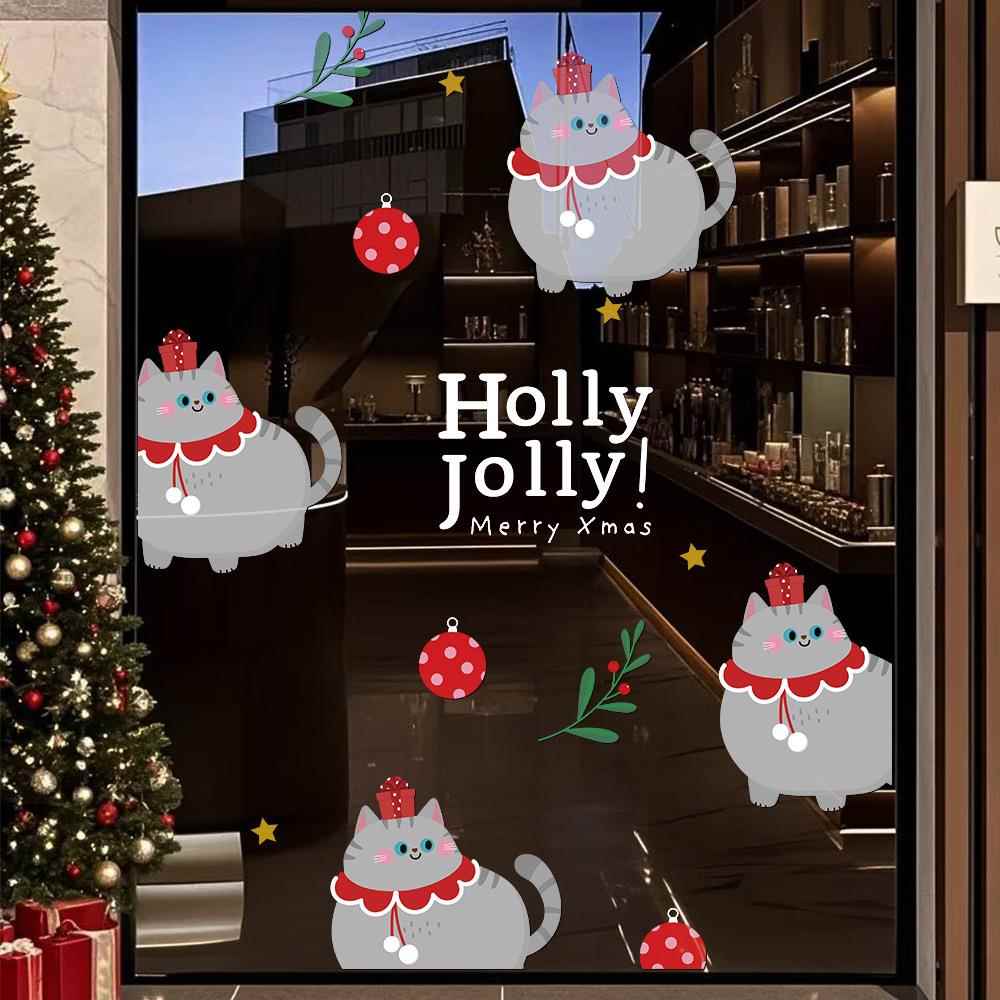 圣诞节装饰静电玻璃贴门贴纸卡通圣诞猫咪布置贴画新年橱窗花窗贴