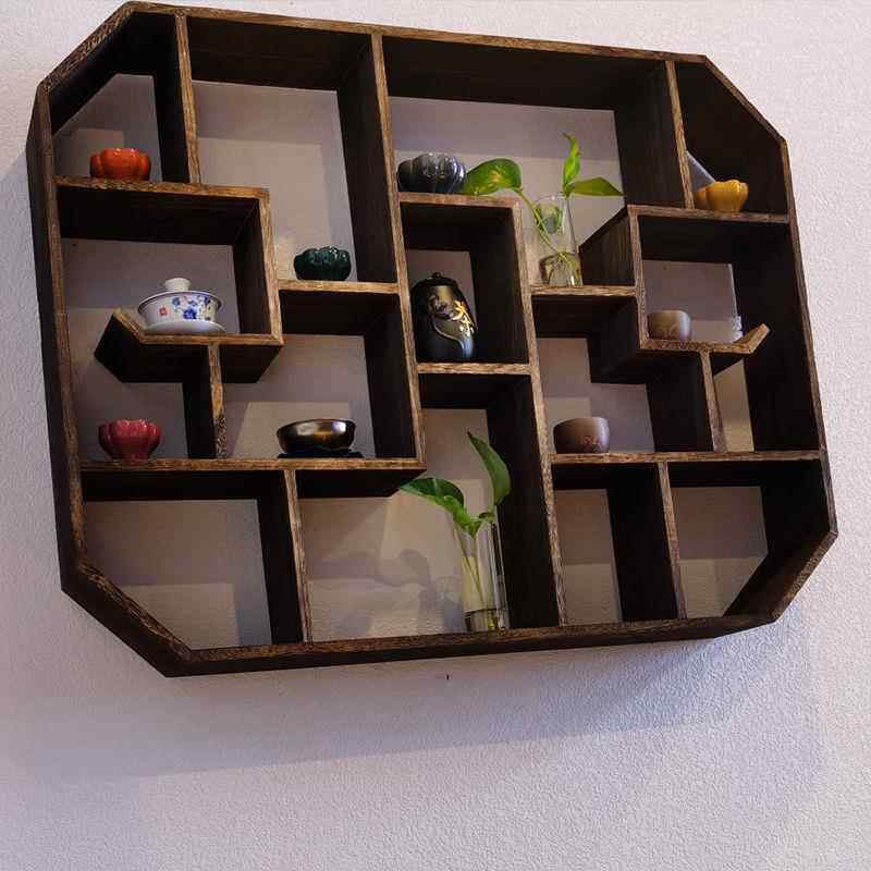 博古架实茶木中式断简约无品牌/现代客厅墙上新壁挂式具小摆件展