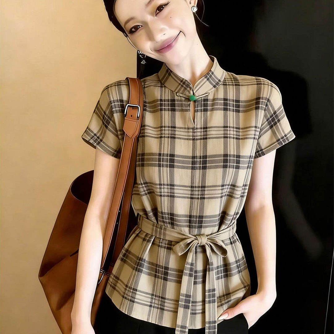 潮牌复古格纹短袖衬衫女时尚新款收腰系带修身显瘦气质内搭上衣
