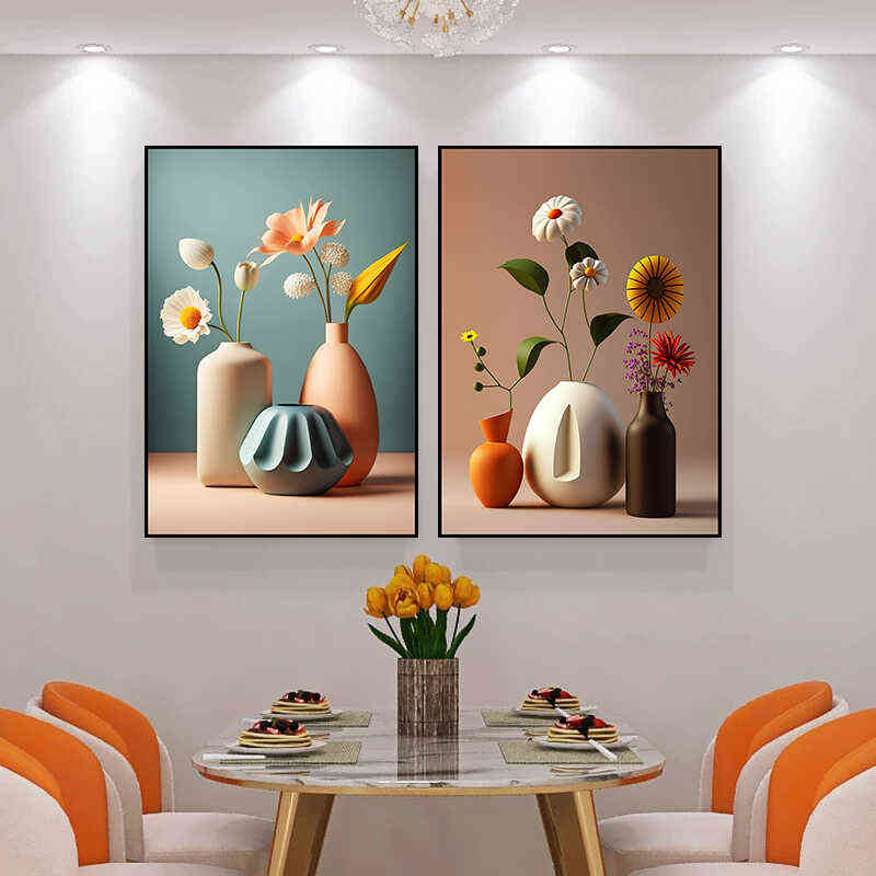 餐厅二联装饰画现代简约花瓶壁画背景墙轻奢酒杯花卉客厅酒店贴画图片