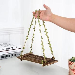 饰拍摄道具摆件木制秋千迷你diy 创意手工干树枝吊饰复古家居装