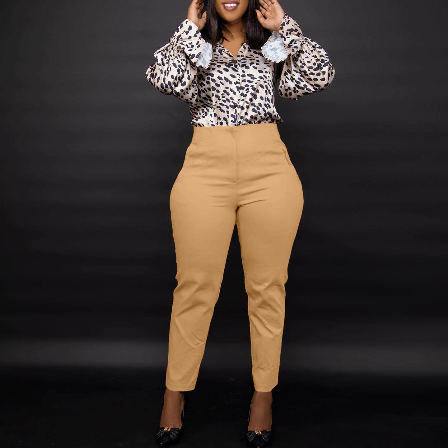 跨境女装欧美女装春高腰紧身九分通勤休闲职业纯色西裤外贸休闲裤