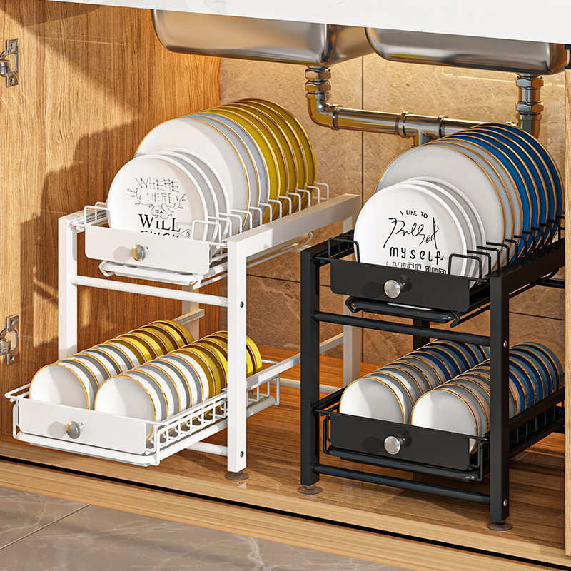 架台面小型抽屉碗碟置沥水式架碗盘碗架物收纳拉厨房架抽碗筷橱柜