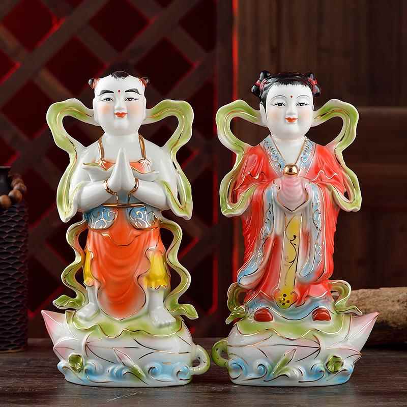 高档陶瓷金童玉佛像金招财，男孩女孩，，女观音男拜孩风水摆件