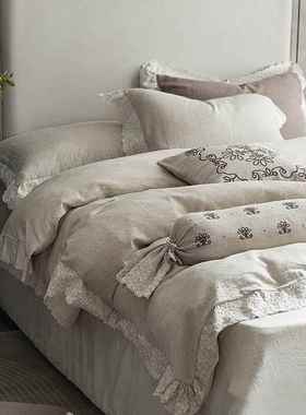 日式复古简约宽边蕾丝亚麻棉四件套浪漫立体柔韧舒爽四季床笠款