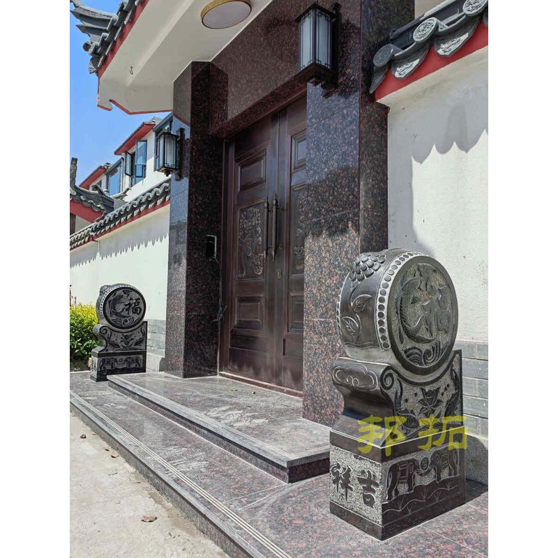 青石石雕门墩抱鼓石仿古做旧门当福鱼门口石材雕刻浮雕抱鼓石摆件