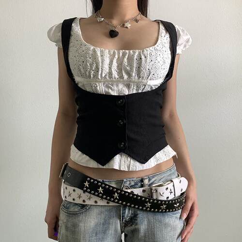 Women's Vintage Button Front Crop Jersey Vest Top Punk