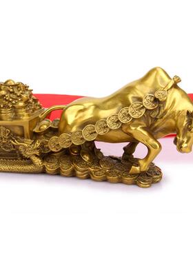 铜牛聚宝盆旺市牛牛拉金钱车满载而归家居摆件铜牛拉元宝摆件