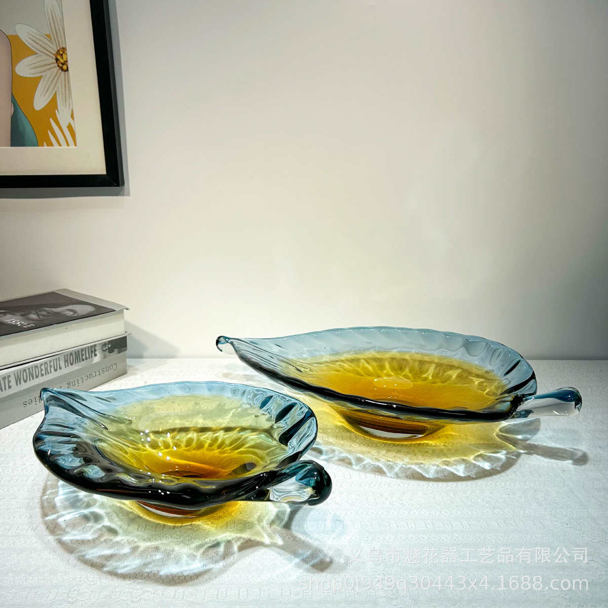现代创意茶几零食摆件轻奢样板间收纳水果盘盘琉璃树叶高档客厅盘