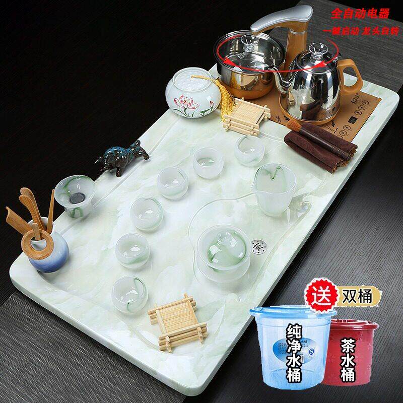 功夫茶具套装家用简约大号玉石大理石茶盘套装全自动一体石材茶台