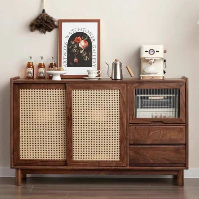 北日式藤编餐边实木储物柜简约茶水北欧客厅原木多功能收纳网红柜
