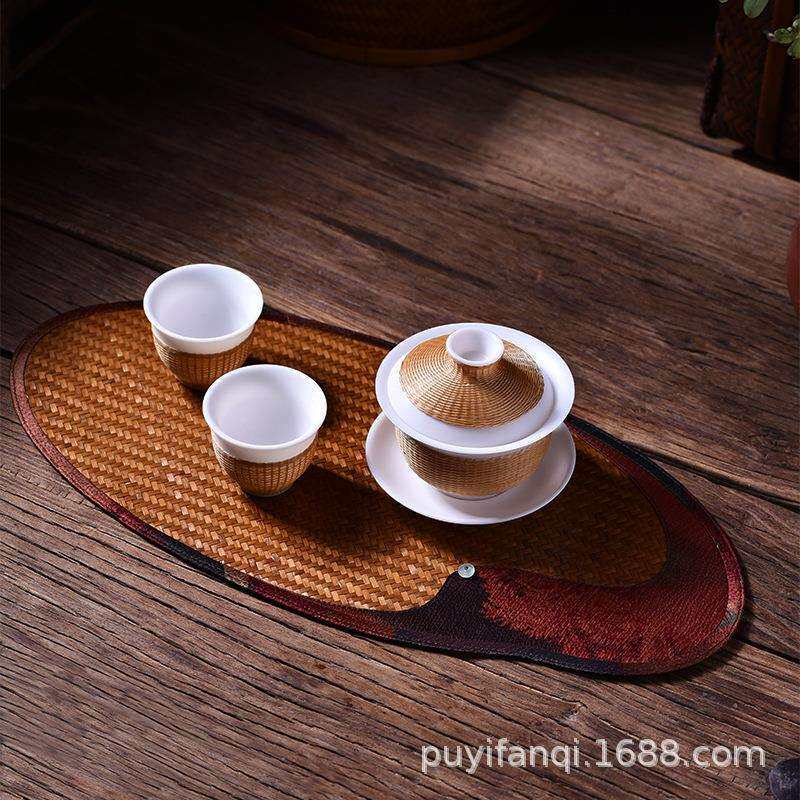 创意竹席香云纱茶杯垫布艺茶席干泡垫简约杯托隔热垫壶垫现货新品