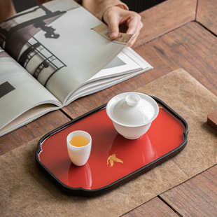 国潮风乾泡台红喜庆仿大漆壶承茶奉竹制托盘小茶盘茶海中式敬茶盘