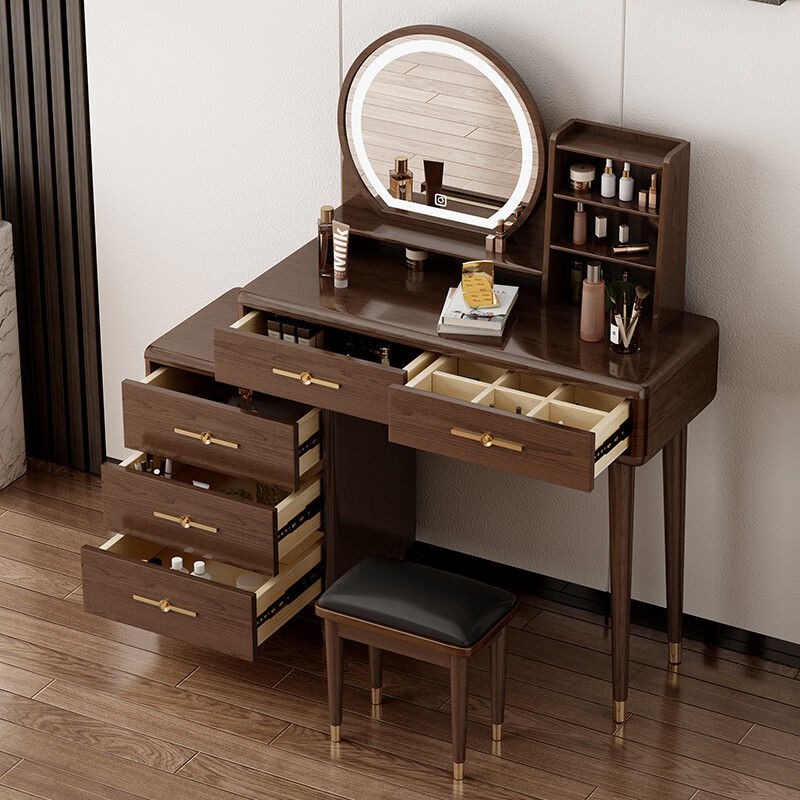 新中式实木色梳妆台收纳柜一体卧室新款现代简约可伸缩化妆台书桌