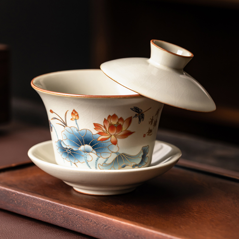 汝窑三才盖碗可悬停旋转单个高档防烫泡茶碗茶杯2025新款功夫茶具