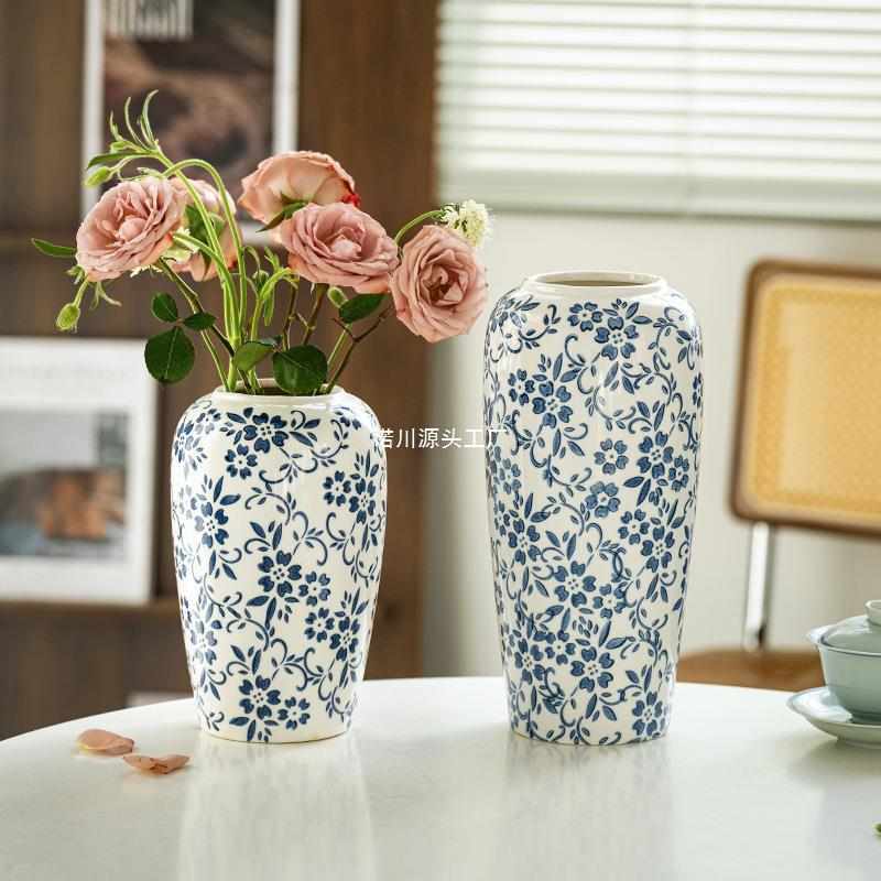 新中式感青花瓷复古花瓶陶瓷冰裂纹插花器客厅玄关装饰品摆件包邮