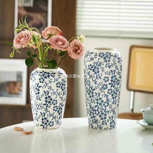 新中式感青花瓷复古花瓶陶瓷冰裂纹插花器客厅玄关装饰品摆件包邮