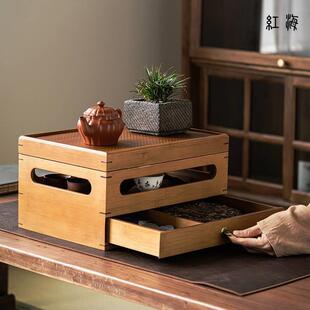 茶具收纳盒竹制双层套盒桌面收纳架带盖防尘置物架中式复古储物柜