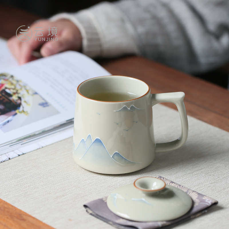 草木灰釉下彩手绘远山水杯中式复古陶瓷办公杯家用喝水水杯