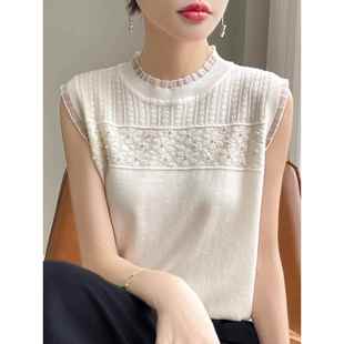 1219e 针织t恤与内层衬衫 蕾丝时尚 真边缘秋冬外背心女格无袖