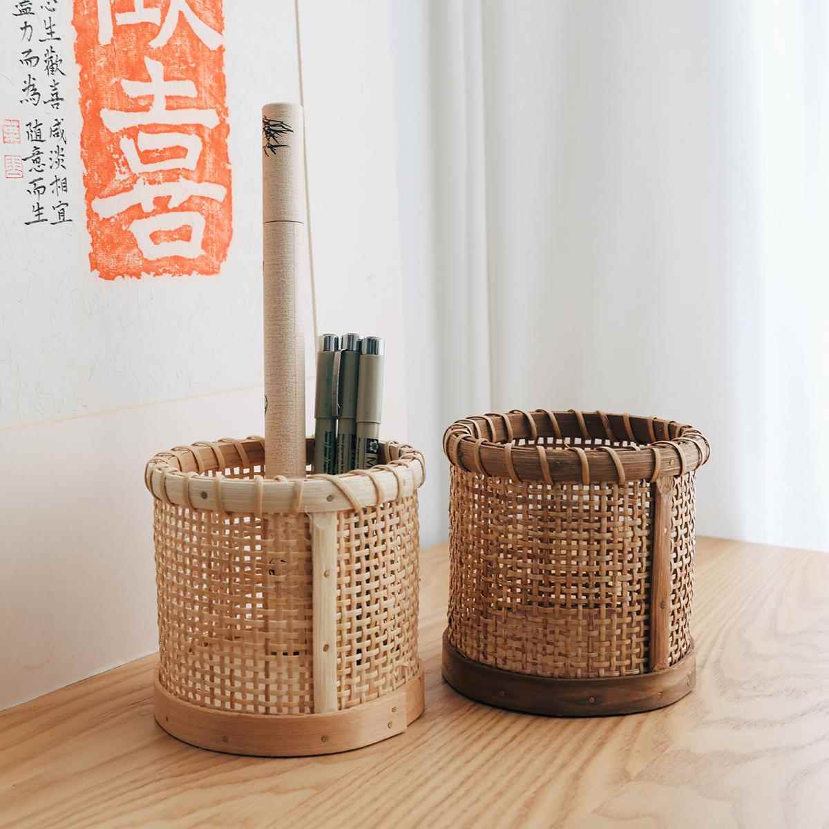 复古藤编笔筒桌面文具遥控茶具收纳编织眉笔桶厨房筷笼餐具收纳篮