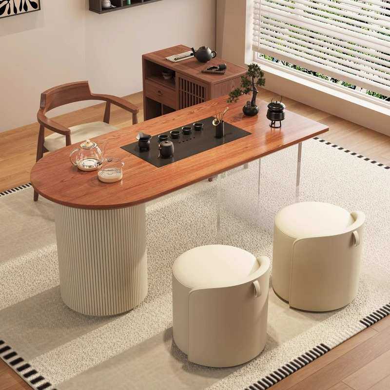 现代简约实木茶桌 奶油风阳台休闲茶台家用休息室接待茶桌椅组合