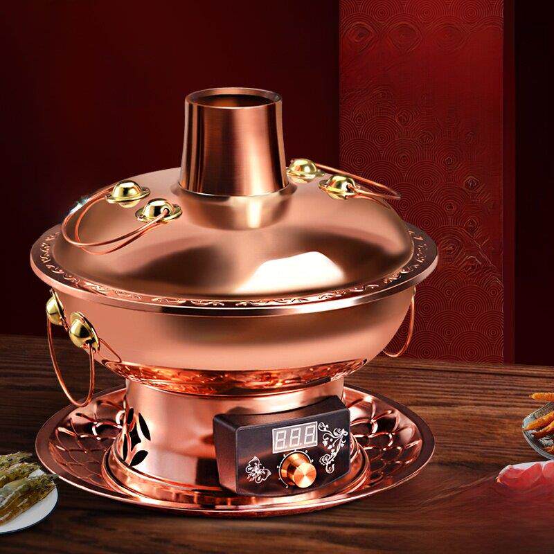 铜火锅纯铜电炭两用加厚纯铜老北京涮羊肉-涮羊肉鸳鸯铜锅炭插式