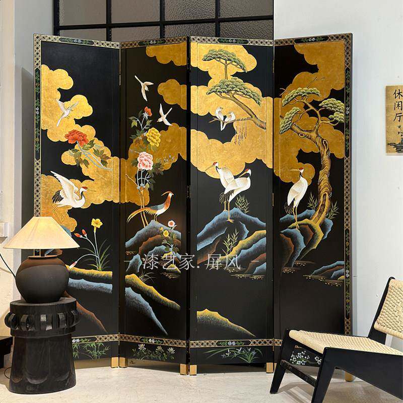 漆艺家纯手绘漆画黑底花鸟屏风隔断玄关新中式客厅茶室装饰折屏