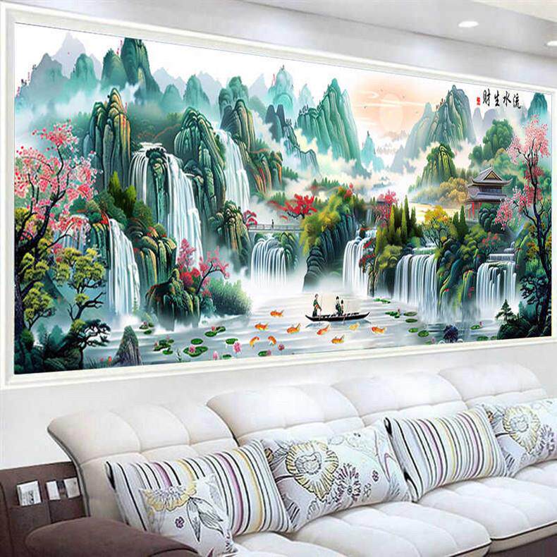 流水生财十字绣2024新款客厅挂画风景山水画现代简约满绣九鱼聚财
