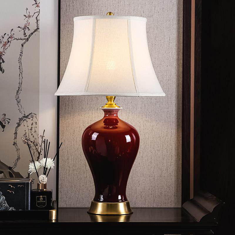 新中式景德镇郎红釉陶瓷台灯卧室床头客厅装饰灯具全铜底座新品