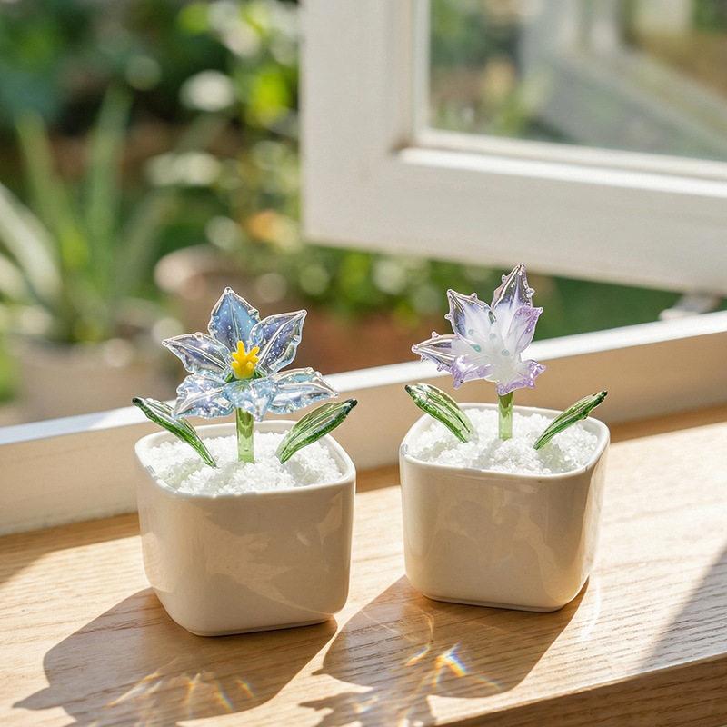 淄博琉璃彷真花摆件百合花小花束玻璃水晶永生花盆栽上班工位好物图片