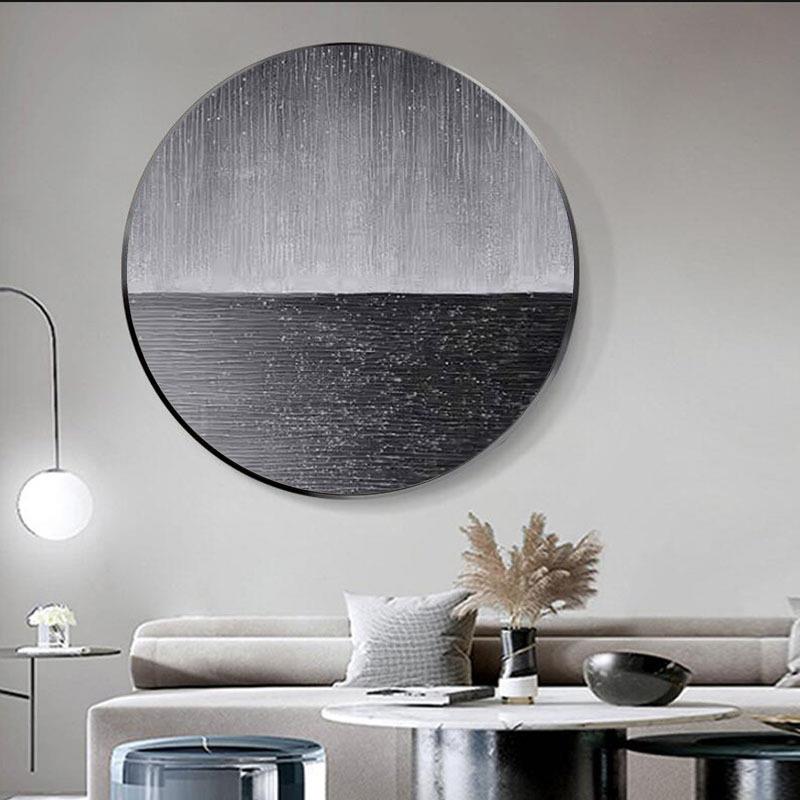 纯手绘油画丙烯砂岩圆框客厅画饰画玄关餐LXD手厅工肌理画装圆形