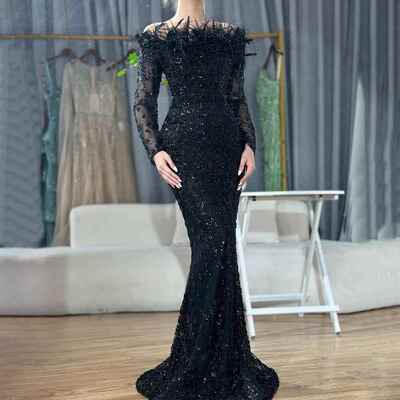 Black One Shoulder Feather Tail Dress Banquet Host Evening