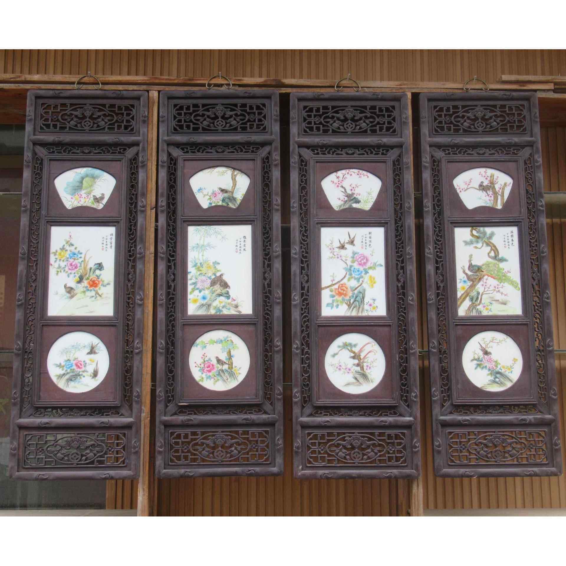 手绘陶瓷瓷板画四季花鸟中式古典装饰画 客厅四联有框画陶瓷工艺