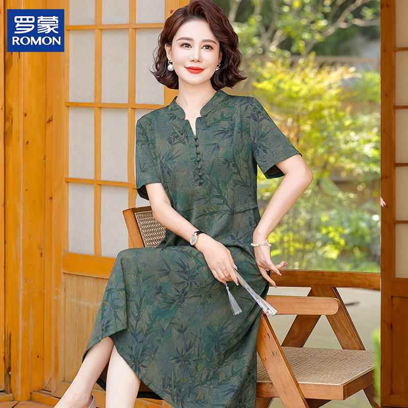 罗蒙高端妈妈夏装洋装2025新款40岁50中老年洋派短袖女士长裙子