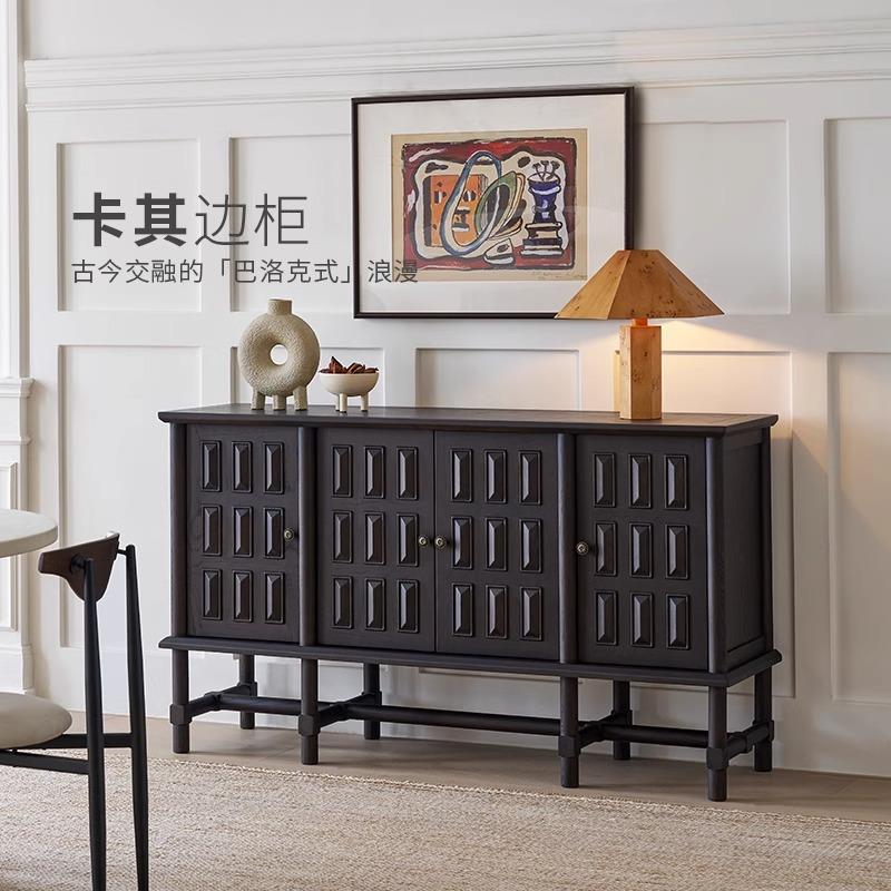 卡其餐边柜复古黑色客厅餐边柜玄关实木靠墙储物置物柜餐柜#