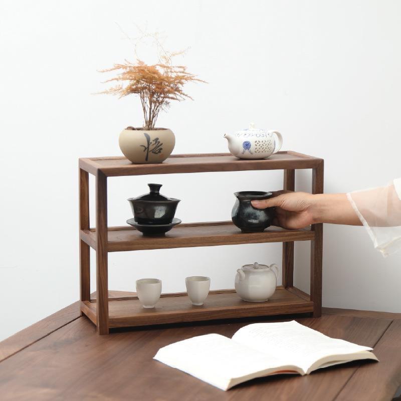 黑胡桃木桌面多宝阁茶杯架子茶具收纳架展示架小型茶架玩具置物架