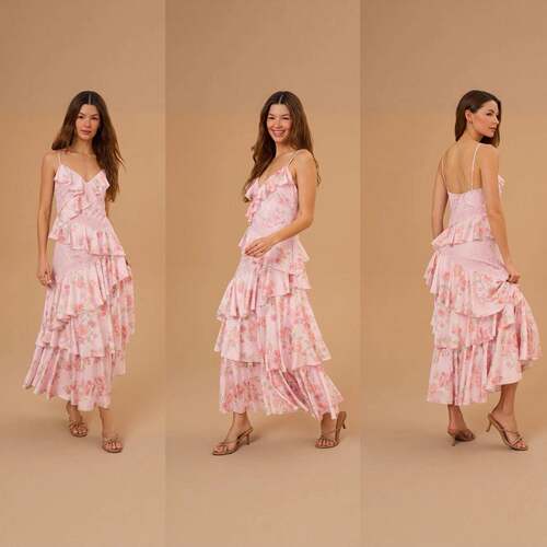 Women Y2k Boho Maxi Dress Floral Lace Sheer Tiered Flowy