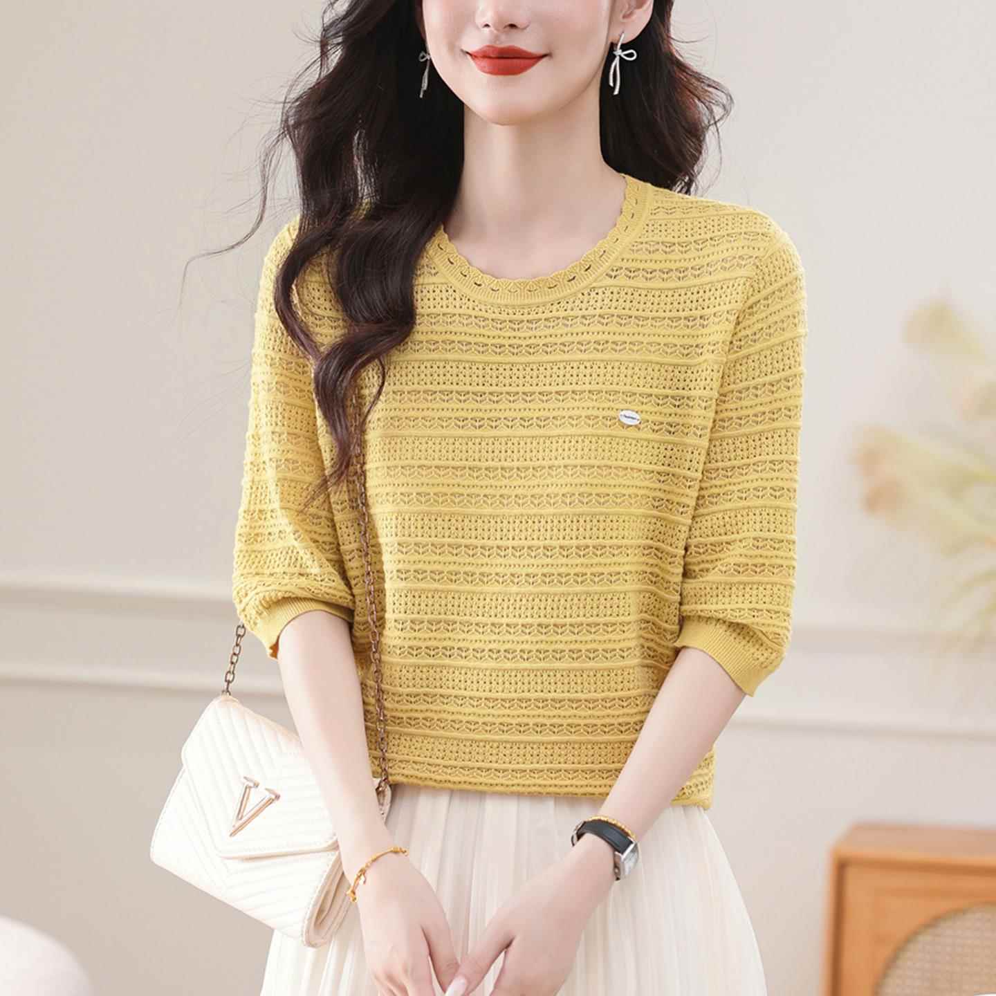 春秋圆领七分袖针织衫女薄款2025初秋新款宽松洋气时尚打底衫上衣