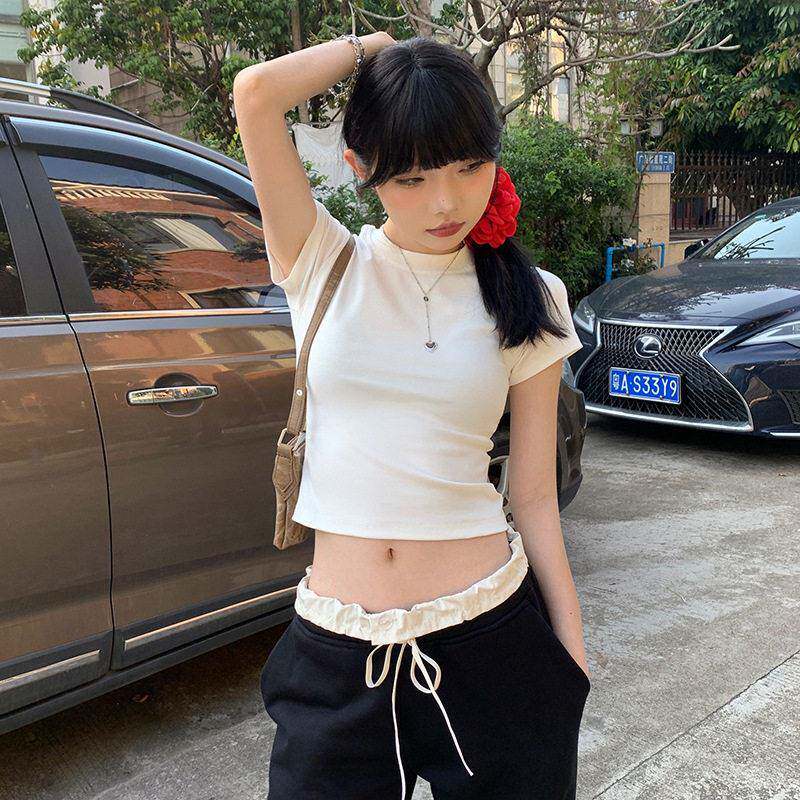 &色正肩修身恤新款夏季纯色百搭显瘦短袖辣妹上衣基础款