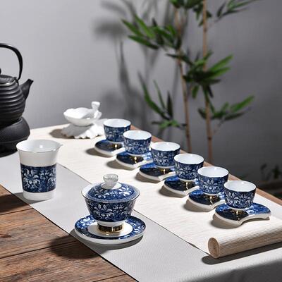 晨翔景德镇青花瓷功夫茶具套装家用 陶瓷盖碗茶杯杯垫整套礼盒装
